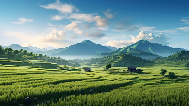 Panorama des rizières dans la lumière du matin avec un ciel bleu