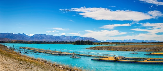 Panorama à Salmon Fish Farm, Île du Sud, Nouvelle-Zélande