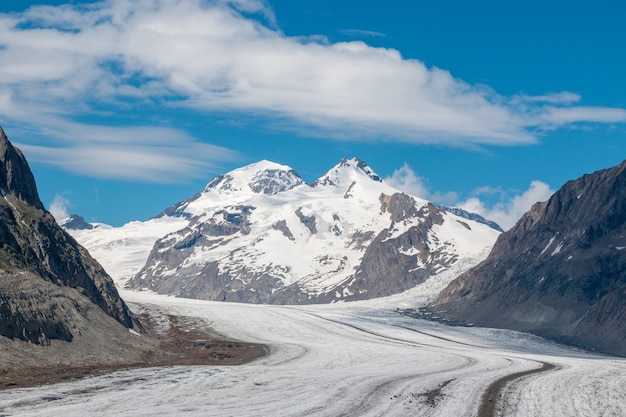 Panorama de la scène des montagnes, promenade à travers le grand glacier d'Aletsch, route Aletsch Panoramaweg dans le parc national Suisse, Europe. Paysage d'été, temps ensoleillé, ciel bleu et journée ensoleillée