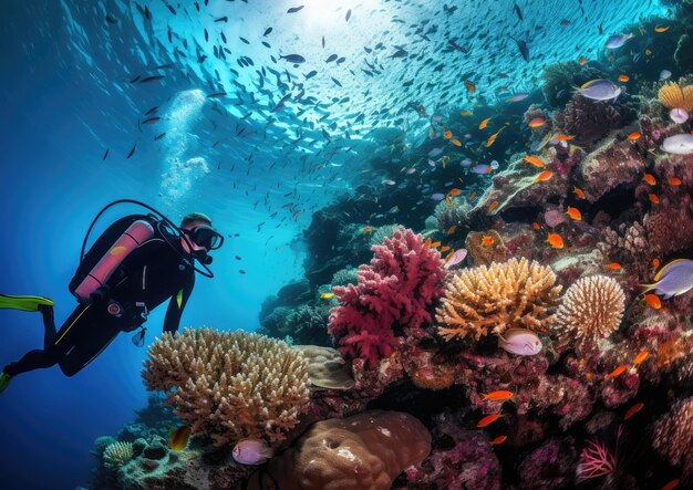 Photo un panorama sous-marin d'un plongeur entouré d'un récif corallien vibrant capturant l'immensité