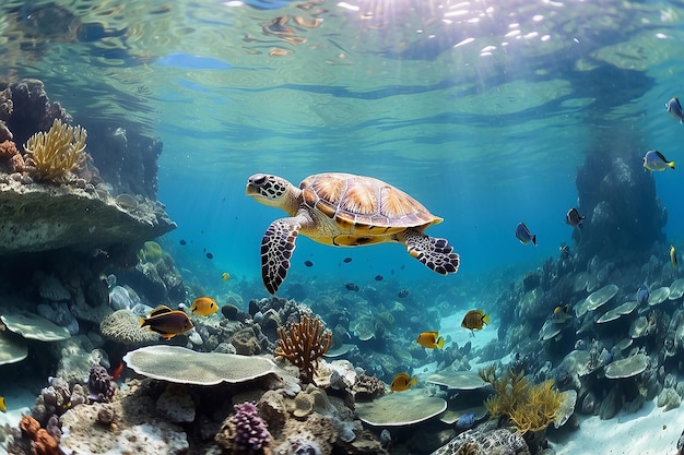 Panorama sous-marin avec des récifs coralliens de tortues et des poissons