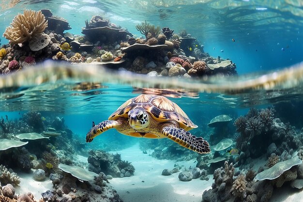 Panorama sous-marin avec des récifs coralliens de tortues et des poissons