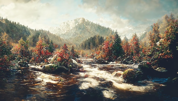 Panorama spectaculaire de la forêt d'automne avec une chaîne de montagnes au loin feuilles orange vif sur le sol de la forêt et un ruisseau courant bordé de bois illustration 3D d'art numérique