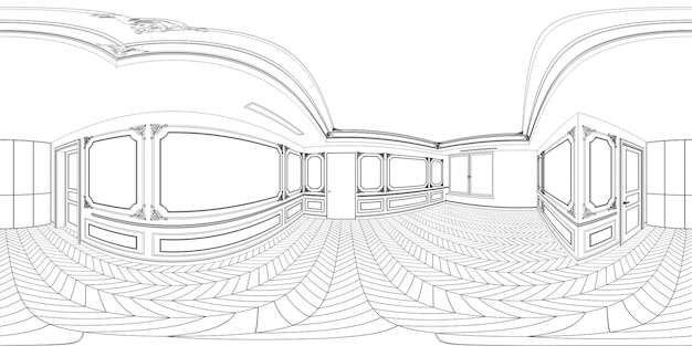 panorama sphérique de l'intérieur, visualisation des contours, illustration 3D, croquis, contour