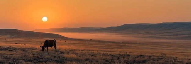 Panorama de vaches au pâturage dans une prairie avec de l'herbe Le lever du soleil dans un brouillard du matin Le pâturage du bétail