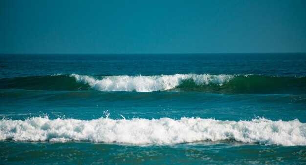 Photo panorama des vagues de l'océan sur une mer tropicale avec des vagues bleues profondes, de l'eau de mer calme, de locéan en arrière-plan.