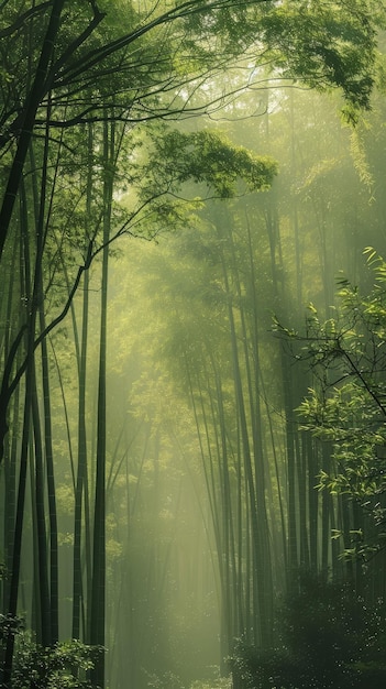 Un panorama vertical d'une dense forêt de bambou son imposant canopée verte filtrant la lumière éthérée évoque la tranquillité et la grandeur