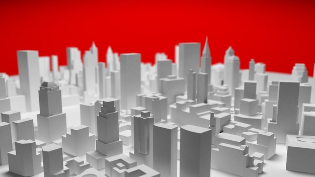 Panorama de la ville blanche 3D isolé sur fond rouge. rendu 3D.