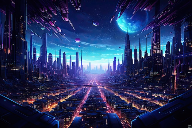 Panorama de la ville futuriste Cyberpunk Avenir fantastique avec des enseignes au néon et des lumières