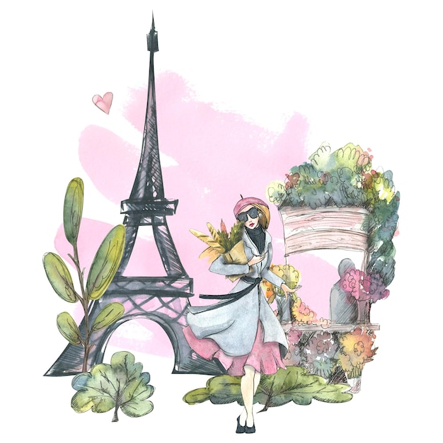 Panorama de la ville de Paris avec la Tour Eiffel un fleuriste une parisienne Illustration croquis aquarelle avec éléments graphiques sur fond rose Composition de la collection PARIS