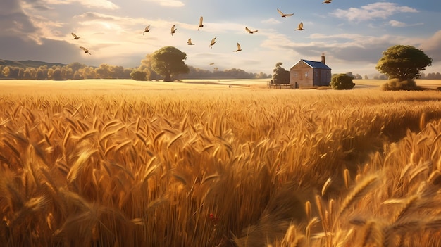 Panorama de vol de blé doré avec arbre au coucher du soleil sur la campagne rurale