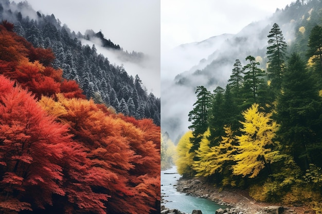 Panoramas de montagne capturés à différentes saisons à des fins de comparaison