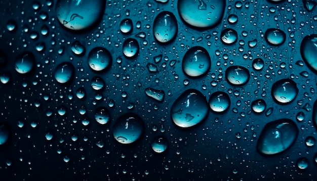 Photo panoramic banner of water drops on blue metal