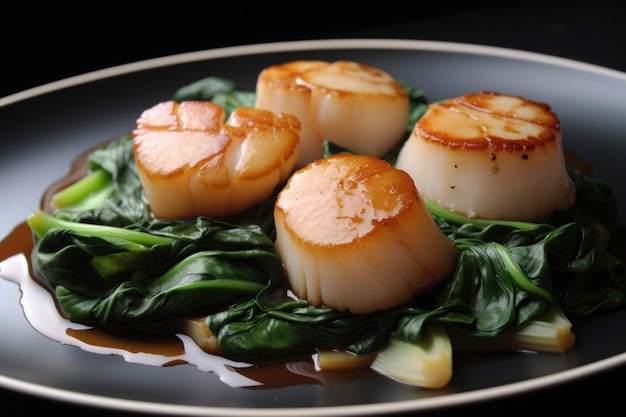 Panseared coquillages avec bok choy et sauce au vinaigre noir chinois créée avec ai génératif