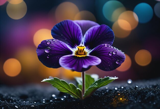 Photo des pansy en fleurs sur le sol humide et goutte-à-goutte