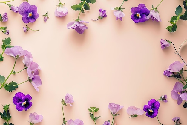 Des pansy violettes et roses forment un cadre floral sur un fond pastel
