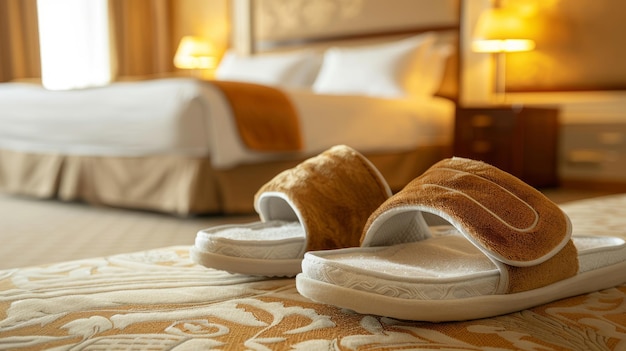 Des pantoufles d'hôtel en peluche sur un tapis de chambre élégant