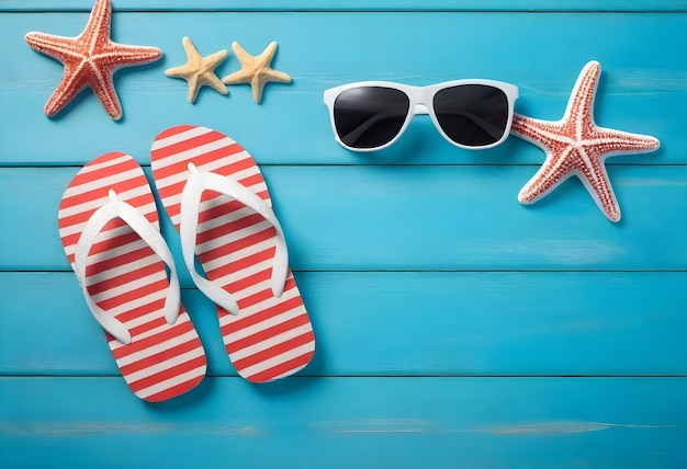 Des pantoufles à rayures rouges et blanches, deux paires de lunettes de soleil et des étoiles de mer sur un bg en bois turquoise.