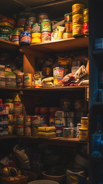 Pantry stocké avec des conserves et diverses autres aliments une sélection d'essentiels et d'épicerie