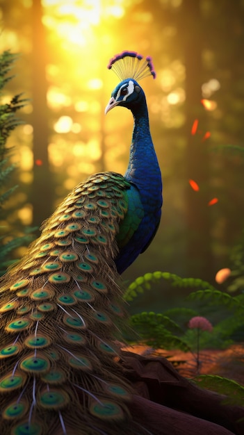 Un paon aux couleurs brillantes se tient fièrement au milieu du feuillage luxuriant de la forêt.