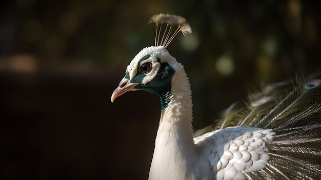 Un paon blanc avec une couronne verte sur la tête