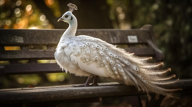 Un paon blanc est assis sur un banc de parc.