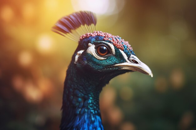 Un paon avec un bonnet à plumes bleues sur la tête