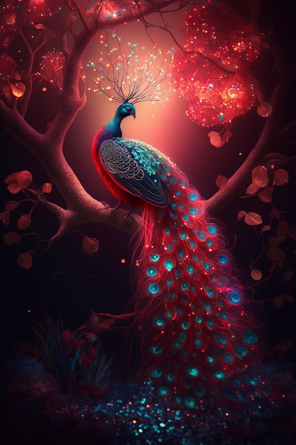 Un paon sur une branche d'arbre avec un coeur rouge en arrière-plan.