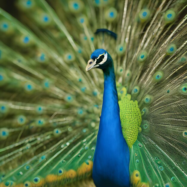 un paon avec un corps bleu et une queue verte