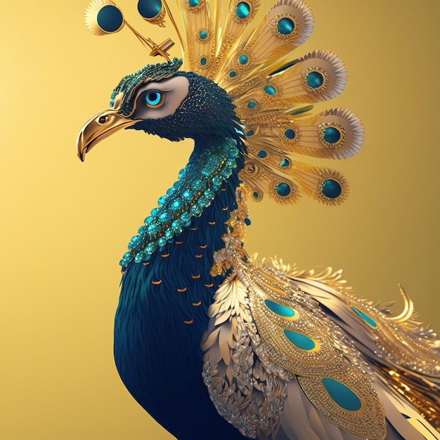 Un paon avec une couronne d'or et des plumes bleues.