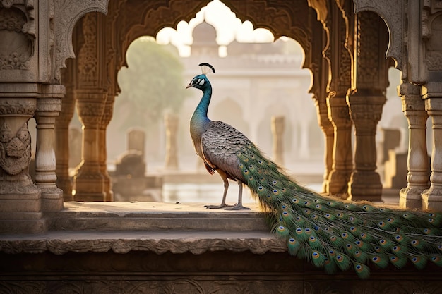 Paon dans le fort d'Agra Uttar Pradesh Inde Une image captivante d'un oiseau exotique majestueux dans la ville généré par l'IA