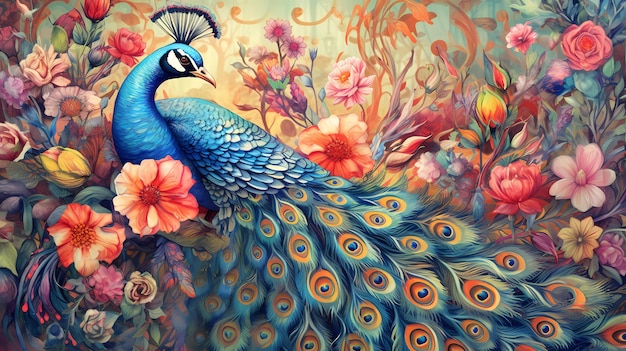 Un paon est entouré de fleurs et un oiseau est sur la couverture d'un tableau.