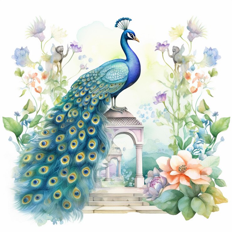 Paon, jardin, aquarelle Clipart
