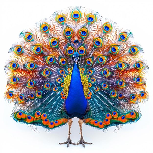 Le paon majestueux affiche un plumage vibrant sur un fond blanc pour un impact maximal