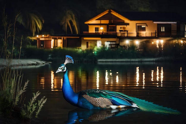 un paon nage dans un lac avec une maison en arrière-plan