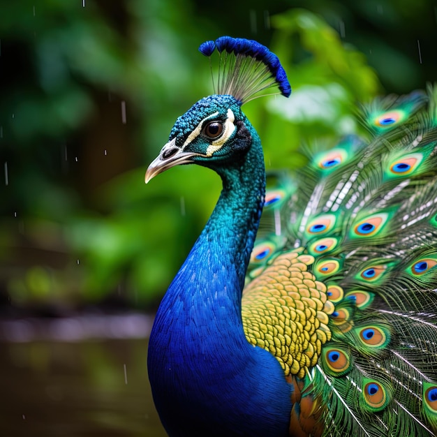 un paon avec un paon sur la tête est montré dans la pluie