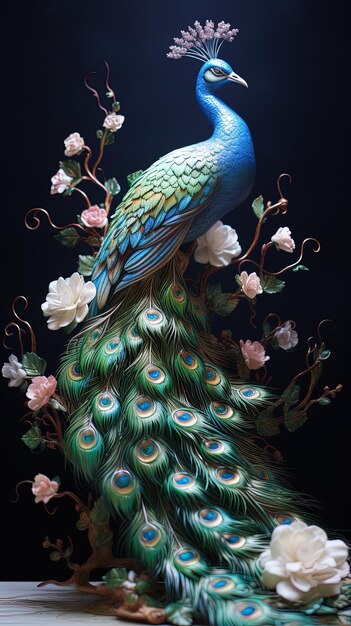 Photo un paon avec une queue bleue et des fleurs sur le dos