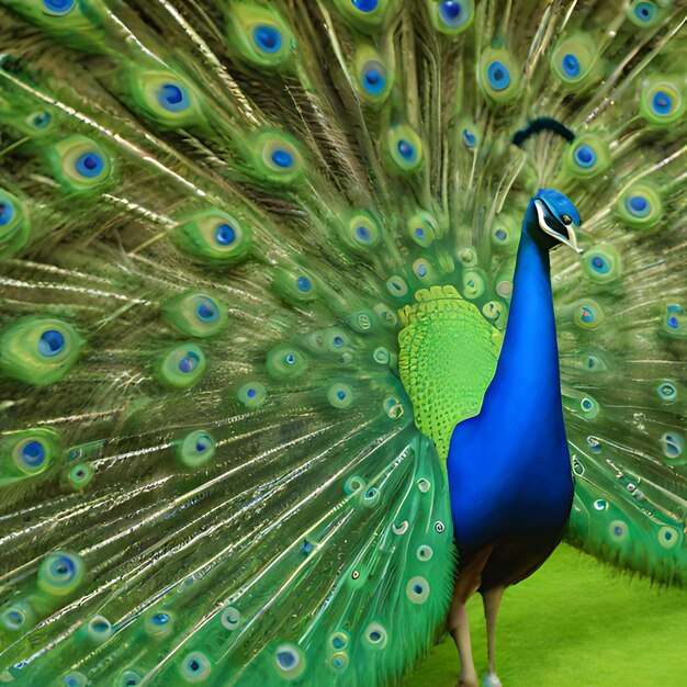 Photo un paon avec une queue bleue et un fond vert