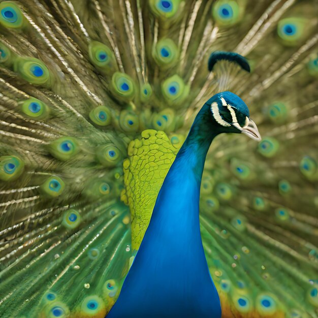 un paon avec une queue bleue et des plumes bleues et vertes