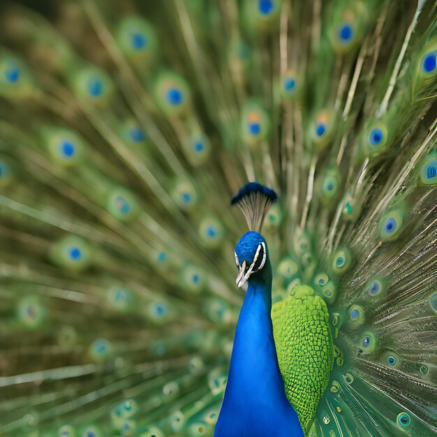 Photo un paon avec une queue bleue qui dit paon dessus