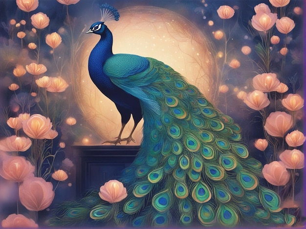 Un paon à la queue bleue se tient sur un rebord avec des fleurs en arrière-plan.