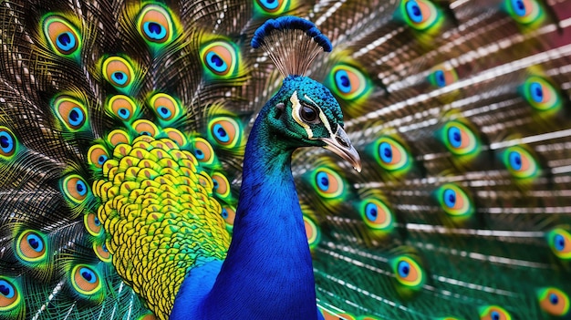 un paon avec une queue colorée se tient devant un paon.