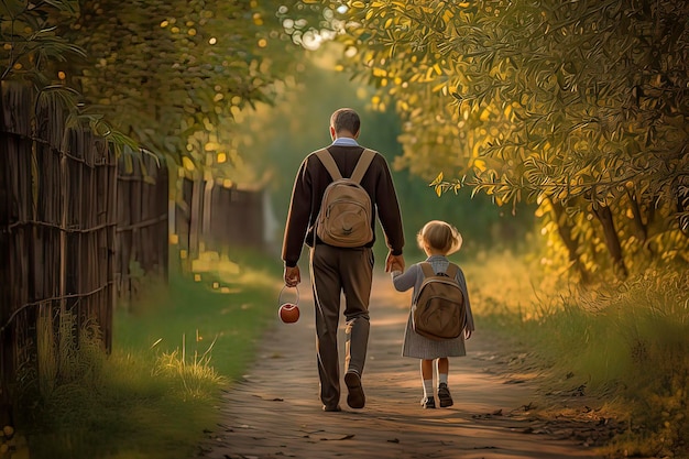 Photo papa emmène sa fille marcher dans les bois à l'écoleimage générée par la technologie ai