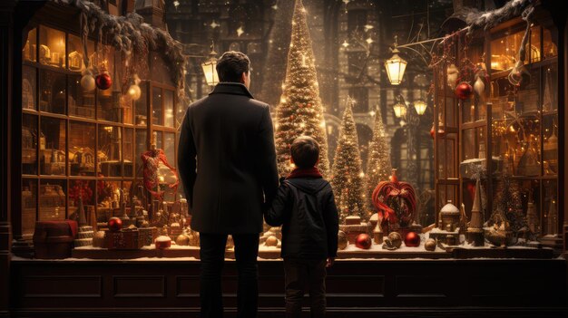 Papa et fils regardent les arbres de Noël à travers la fenêtre magique