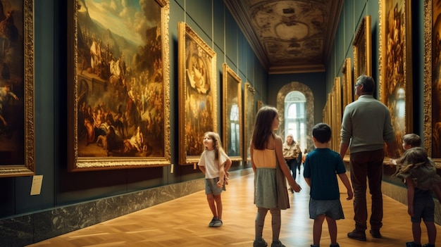 Un papa et sa famille visitant un musée