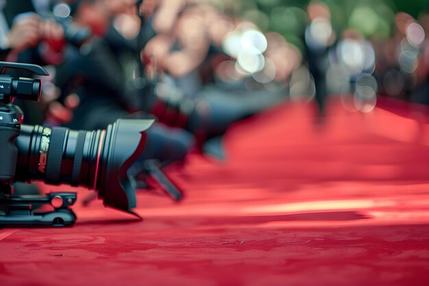 Photo les paparazzi et les journalistes attendent les stars célèbres sur un tapis rouge vide concept les arrivées des célébrités évènement de tapis rouge les journalistes paparazzi les stars célèbres