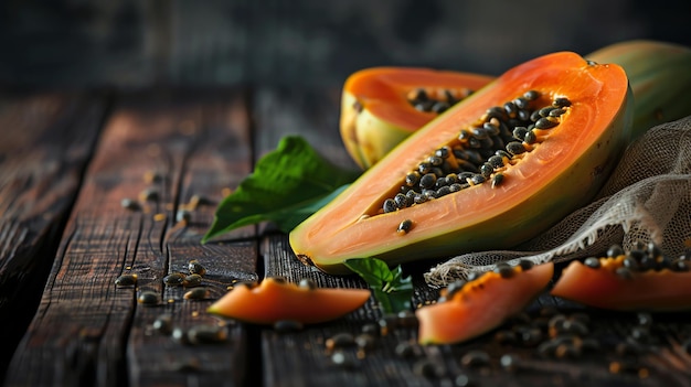 Photo papaya frais et juteux sur une table en bois la papaya est coupée en deux montrant sa viande orange vibrante et ses graines noires