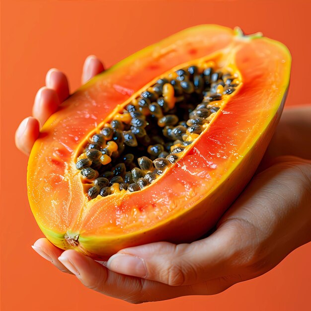 Photo papaya frais tenu à la main sur un fond orange