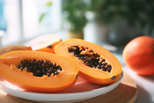 Papaya mûr sur plaque blanche à focalisation sélective