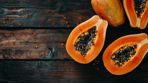 Photo une papaye coupée en deux est assise sur une table en bois à côté d'une papaye entière. la papaye est un fruit tropical sucré et juteux.